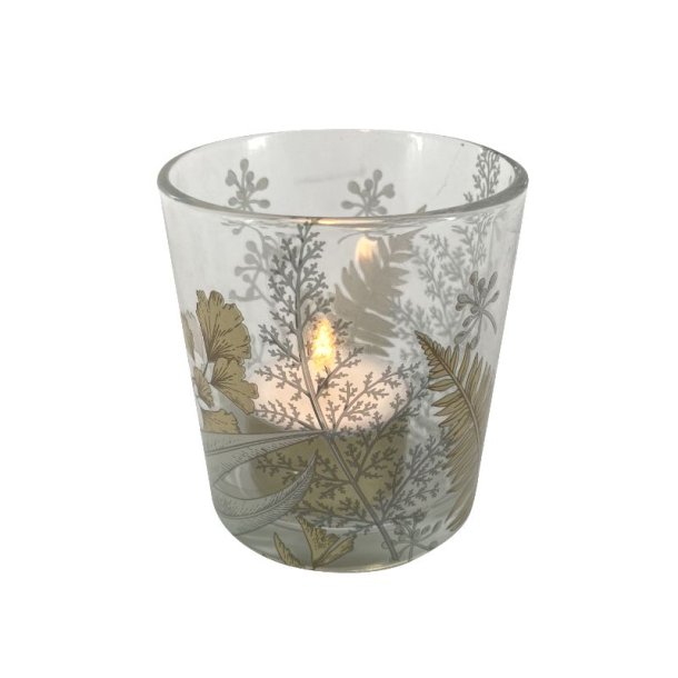 Fyrfadsglas med guld motiv Fyrfadsglas lille smal str. H8xD10 cm